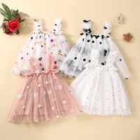2024 New Baby Girl Clothes Multi Coloured Embroidered Floral Mesh Camisole Cute Baby Girl Dress Party Princess Fluffy Dresses 1