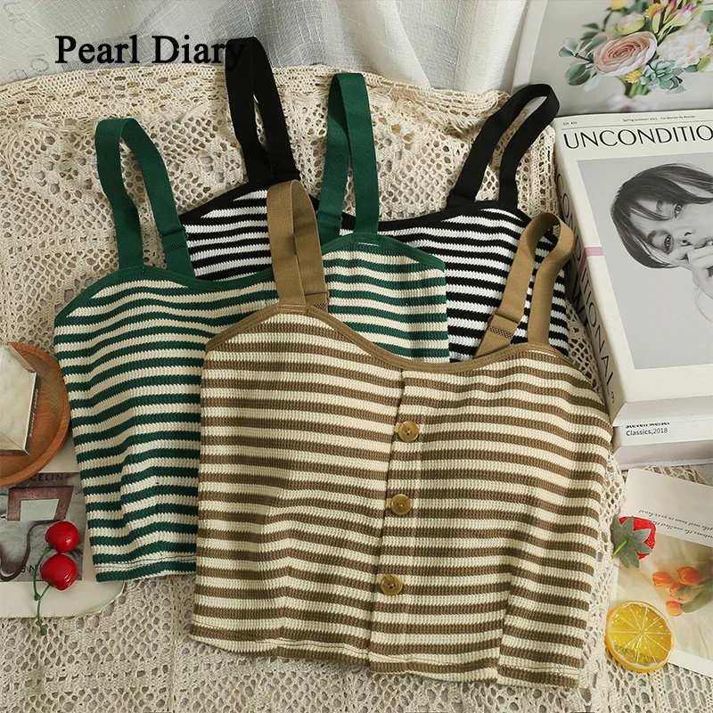 

Pearl Diary Women's Underwear Crop Tops Fashion Stripe Tank Top Women Button Outdoor Top Female Slim Sports Top Woman Clothes