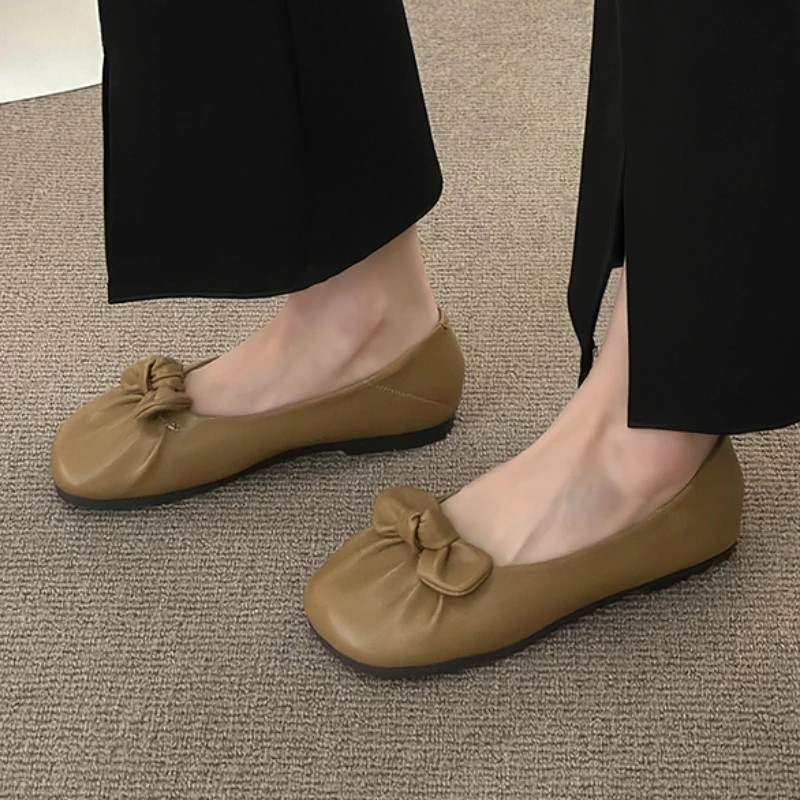 

Женские туфли на плоской подошве, однотонные туфли без застежек с квадратным носком и бантом, повседневная обувь на плоской подошве для осени, 2023
