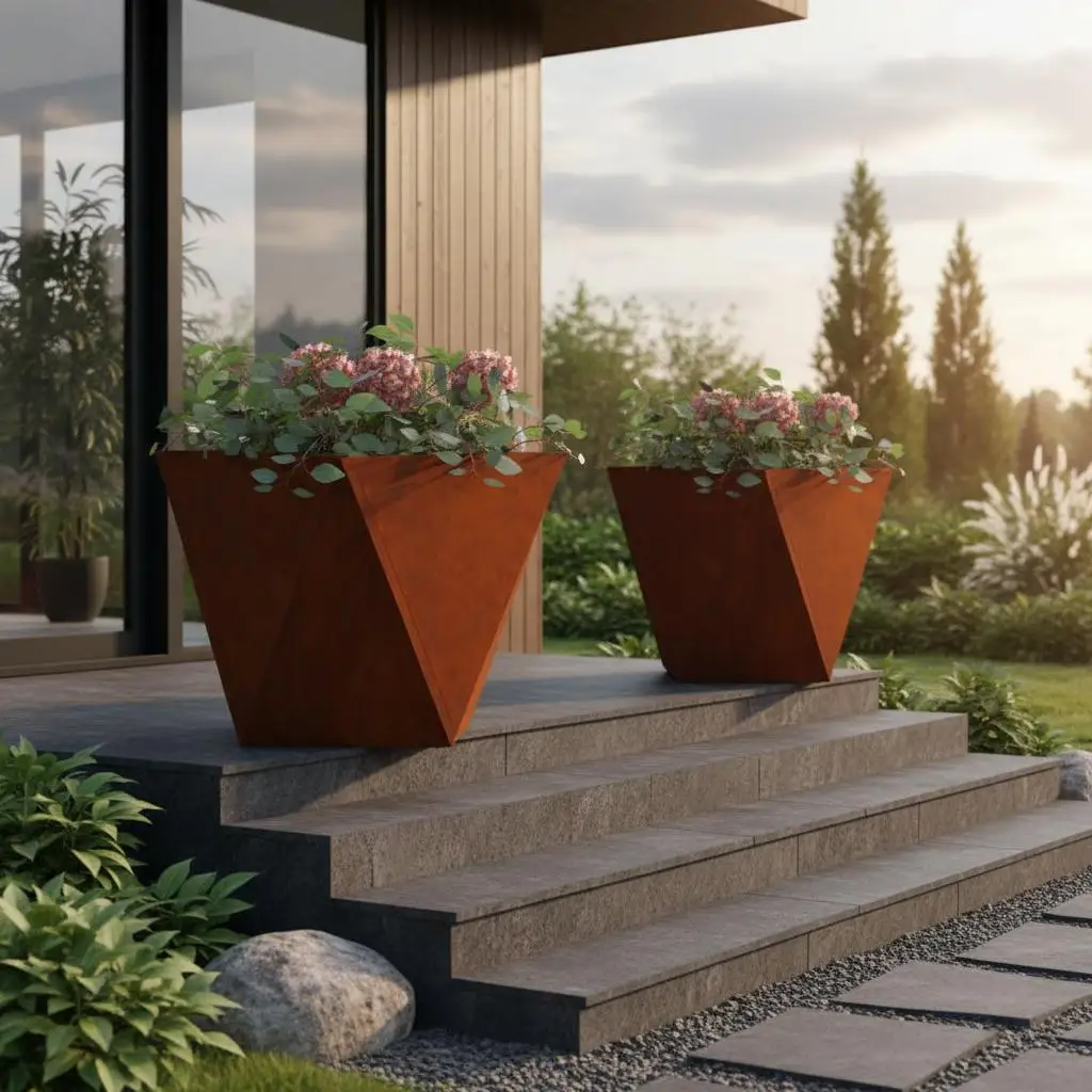 Set mit 2 rostigen Optik-Gartenkübeln 50x50x50 cm aus Stahl, quadratische rostige Pflanzkübel für Garten, Terrasse und Balkon – Detail 1