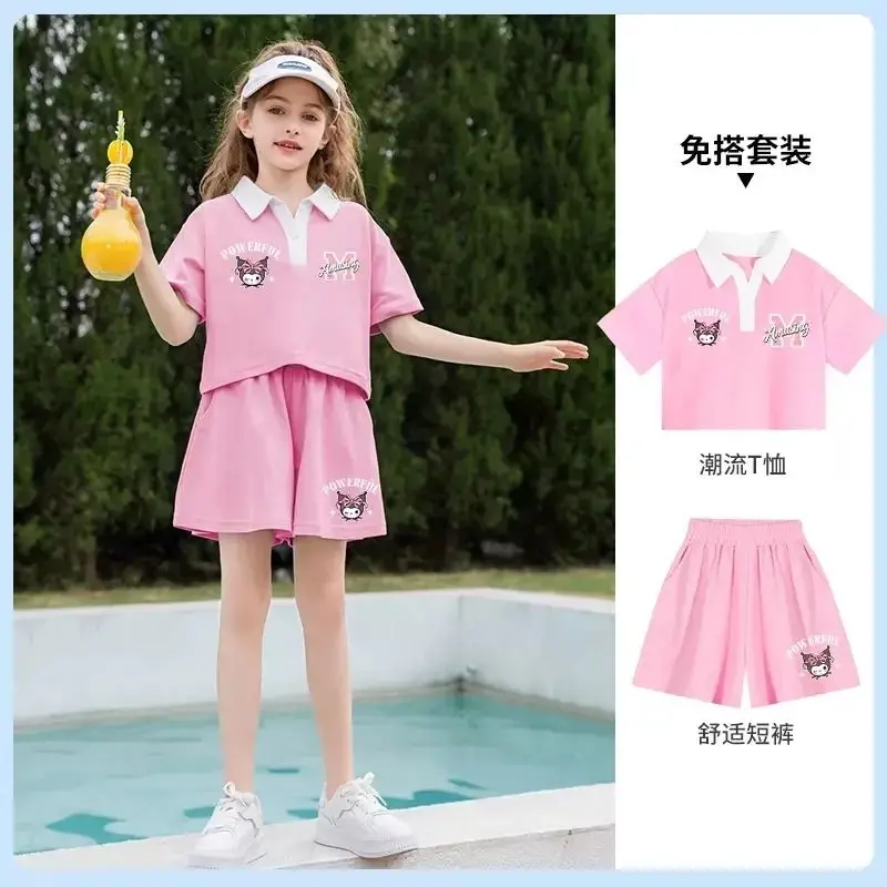 

2Pcs Sanrio Kawaii Kuromi Sweet Short-Sleeved Pants Set Summer Cute Cartoon Baby Casual Fashion Campus Clothes Gift for Kids