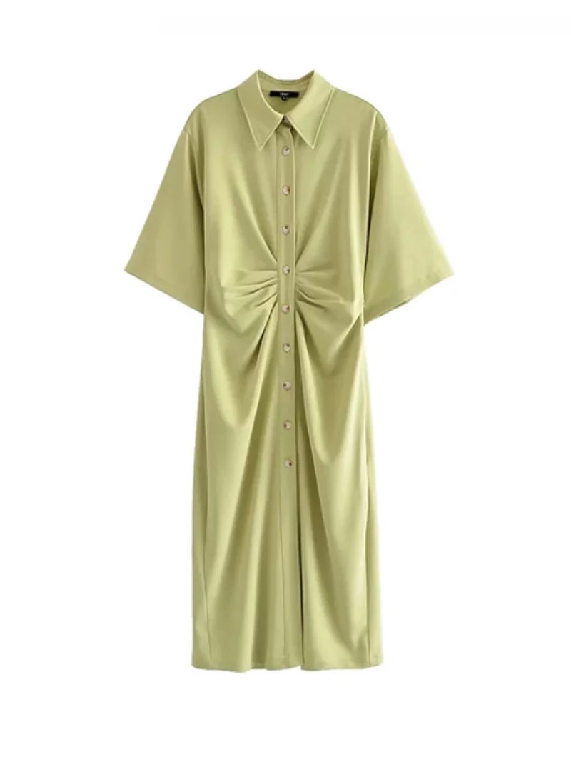

Women Chic Fashion Button-up Draped Midi Shirt Dress Vintage Short Sleeve Side Zipper Female Dresses Vestidos shirt dresses