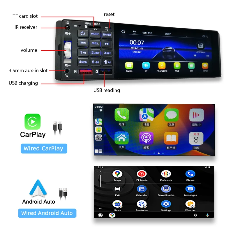 Single Din Car Radio with 5 Touch Screen Compatible with CarPlay Android Car Bluetooth Touch Screen FM Radio Mirror Link Type-C USB 2.1A Fast Charge