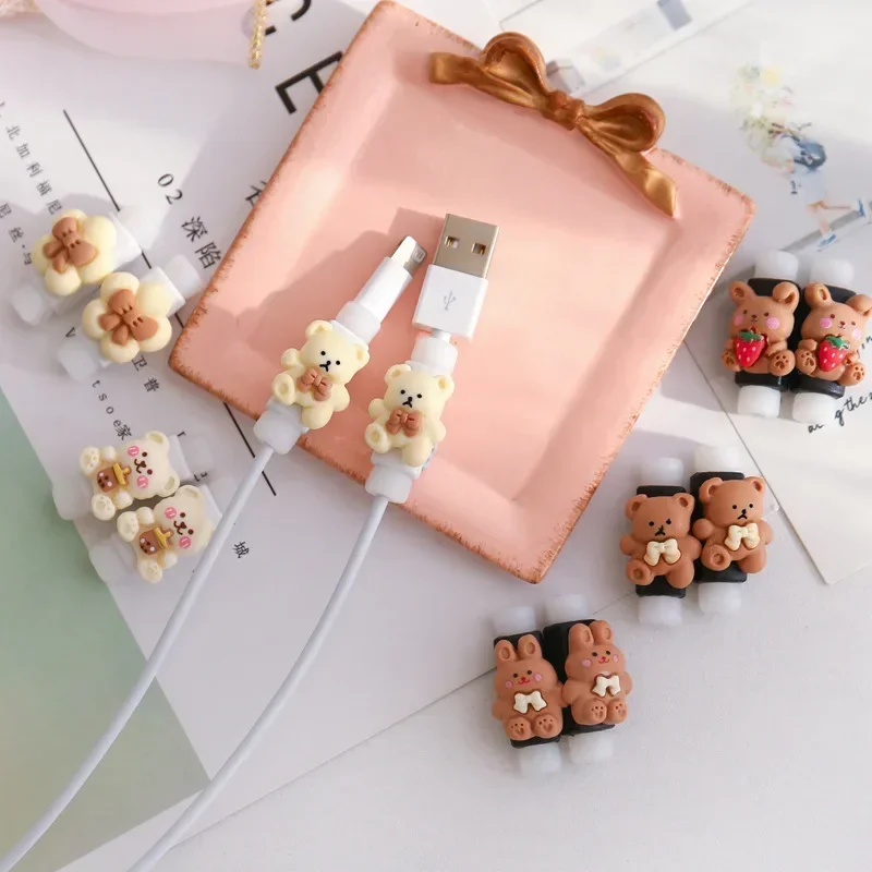 2PCS Data Line Protective Sleeve Durable Wear-resistant Breathable Cable Protector Cover Kawaii Bear Rabbit Charger Cord Winder 3