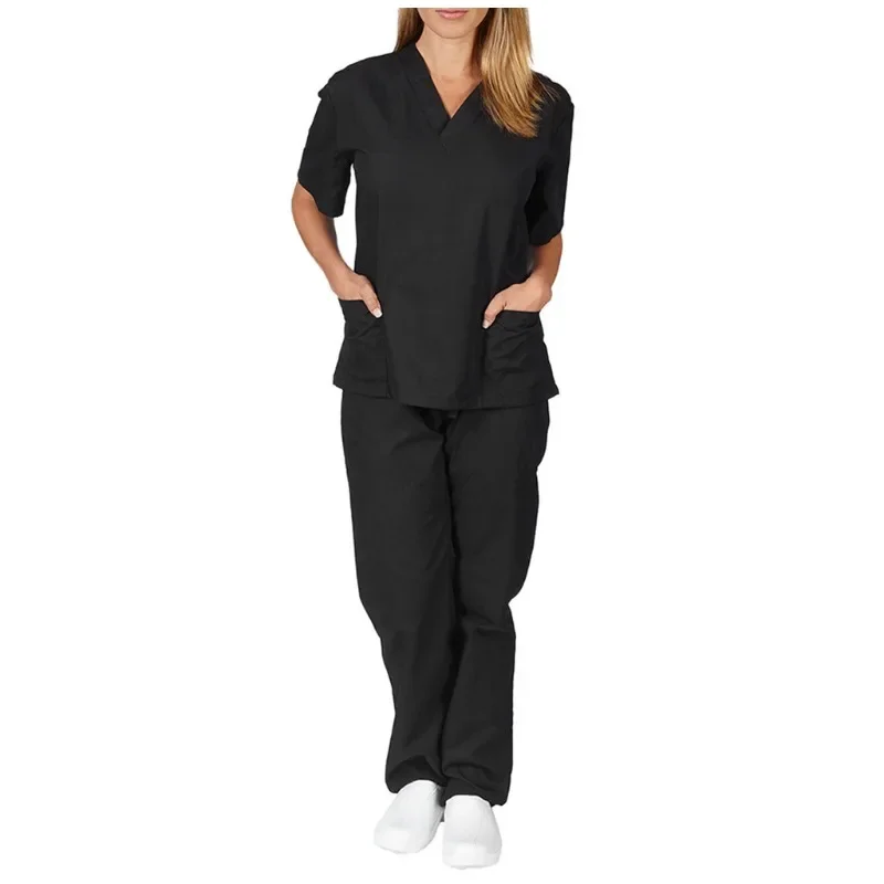 European and American Solid Color Pocket V-neck Nursing Work Uniform Protective Clothing Nurse Uniform Two-piece Suit nurse uniform suits work uniform sets