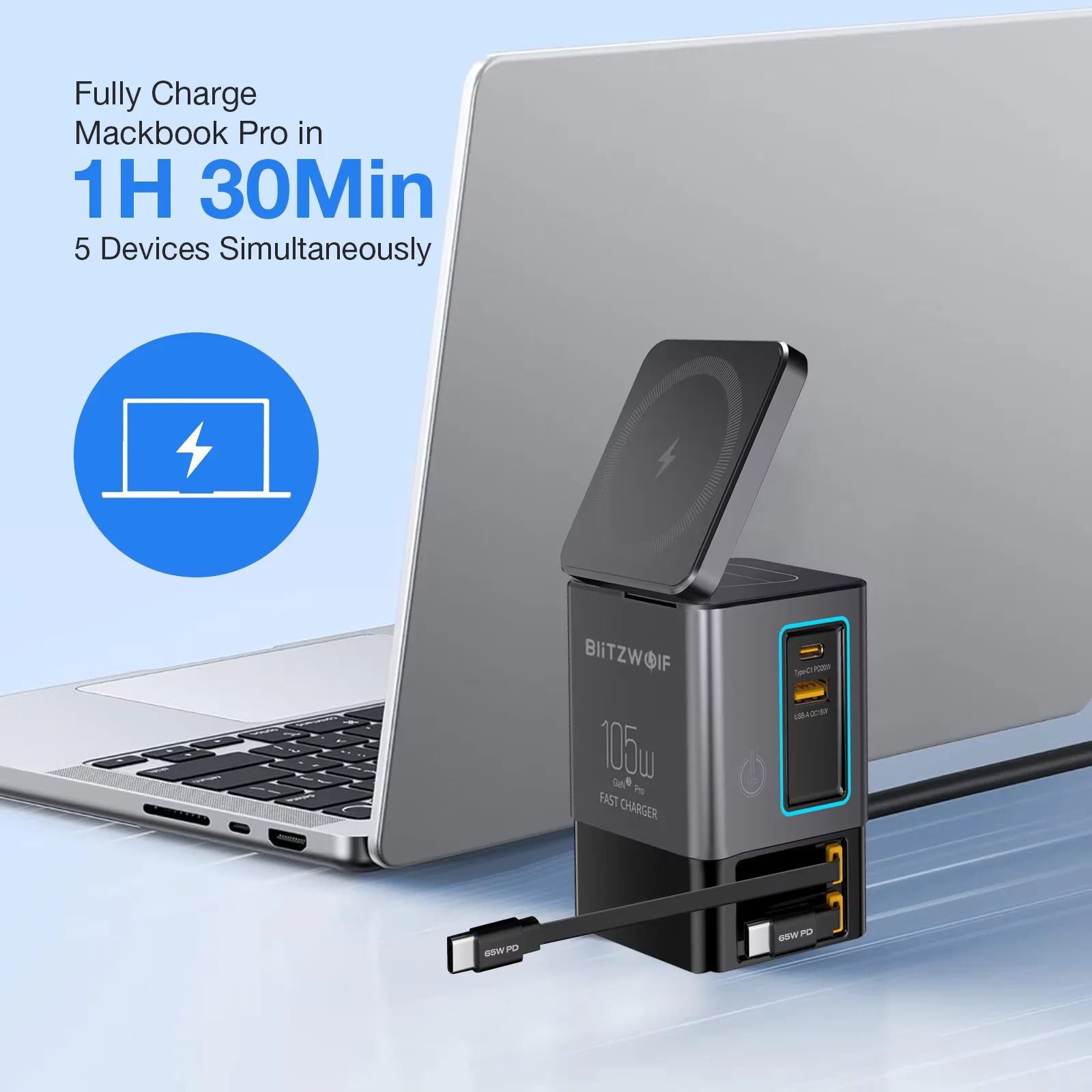 [GaN Tech] Blitzwolf i116 Max 105W Estação de Carregamento de Mesa 6 em 1 com Carregador Duplo Telescópico Integrado Tipo-C+USB-A/C