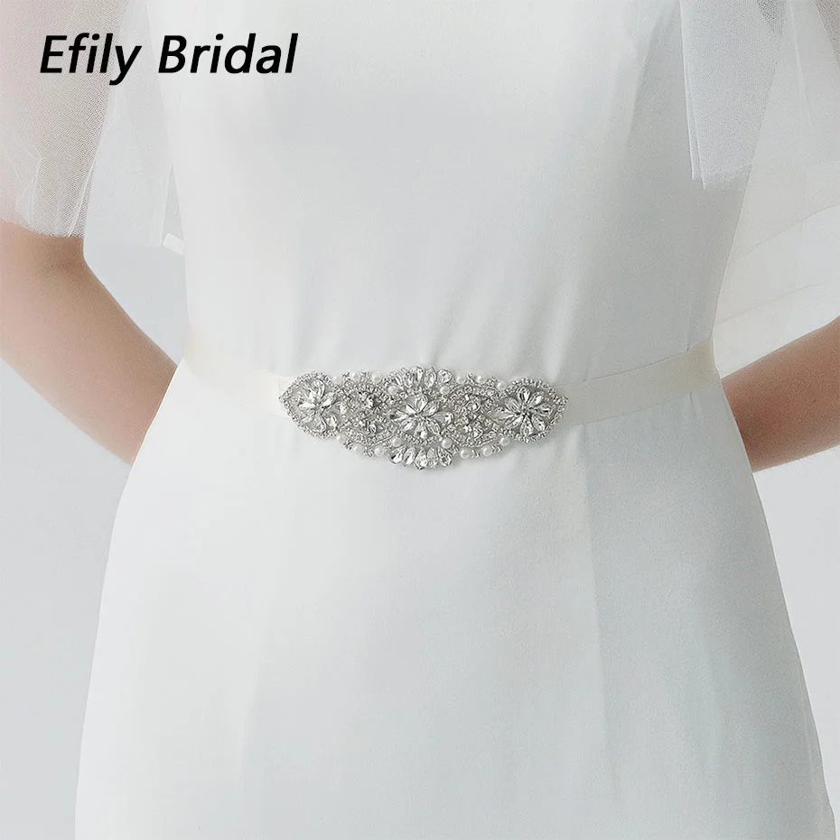 Efily Handmade Rhinestone Bridal Belt for Wedding Party Dress Accessories Crystal Pearl Wedding Belt Ribbon Sash