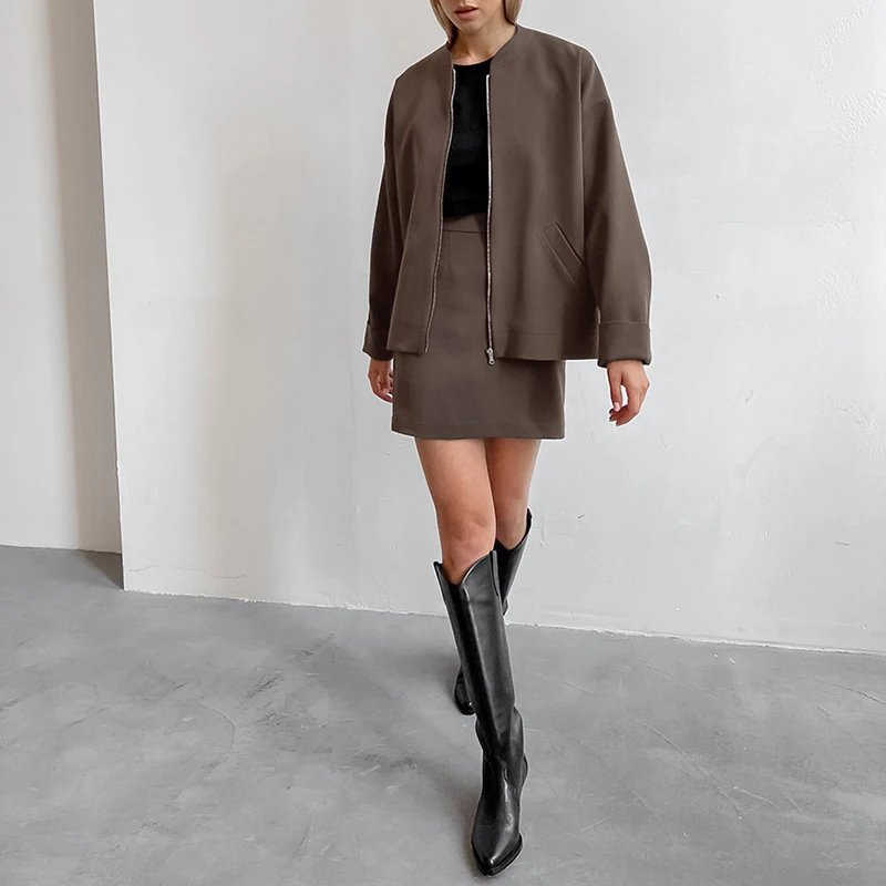 

PASSIONNÉ Women's Suit Stand Collar Long Sleeve Loose with Zipper High Waist Mini Straight Wrap-hip Skirts Set Female 2023 New