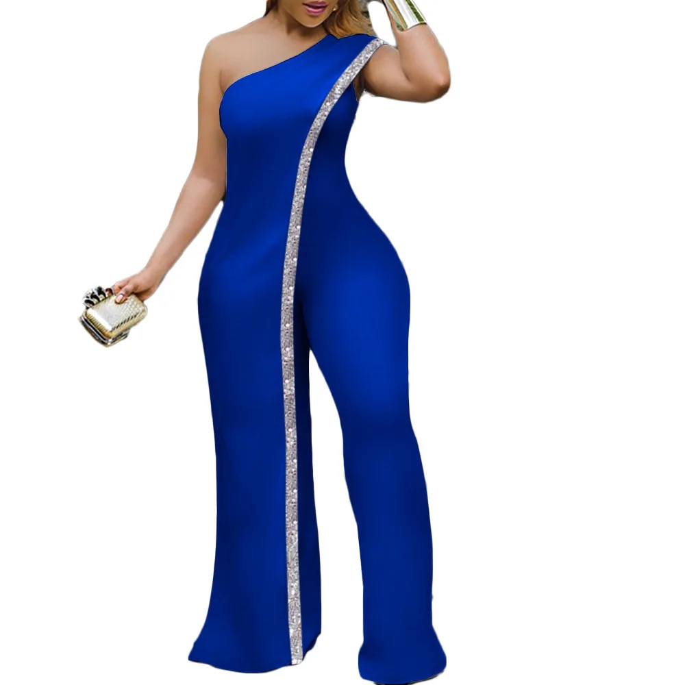 Single Shoulder Bright Edge Fashion Jumpsuit 2023 New European and African Women's Pants Personalized Sexy Girls Jumpsuits