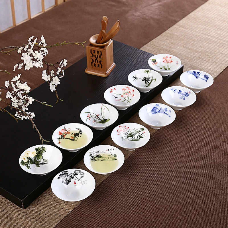 Tea Cup Blue and White Porcelain Hand-painted Hat Kungfu Ceramic Pu'er Black Tea Plum Orchid Bamboo Mountain Master 8.5x3.5cm