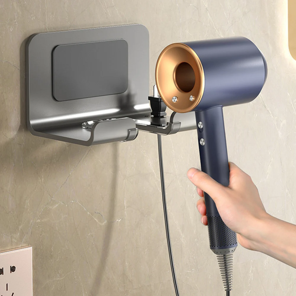 Space Aluminum Hair Dryer Holder Wall Mounted Punch-Free Storage Rack Bathroom Organizer