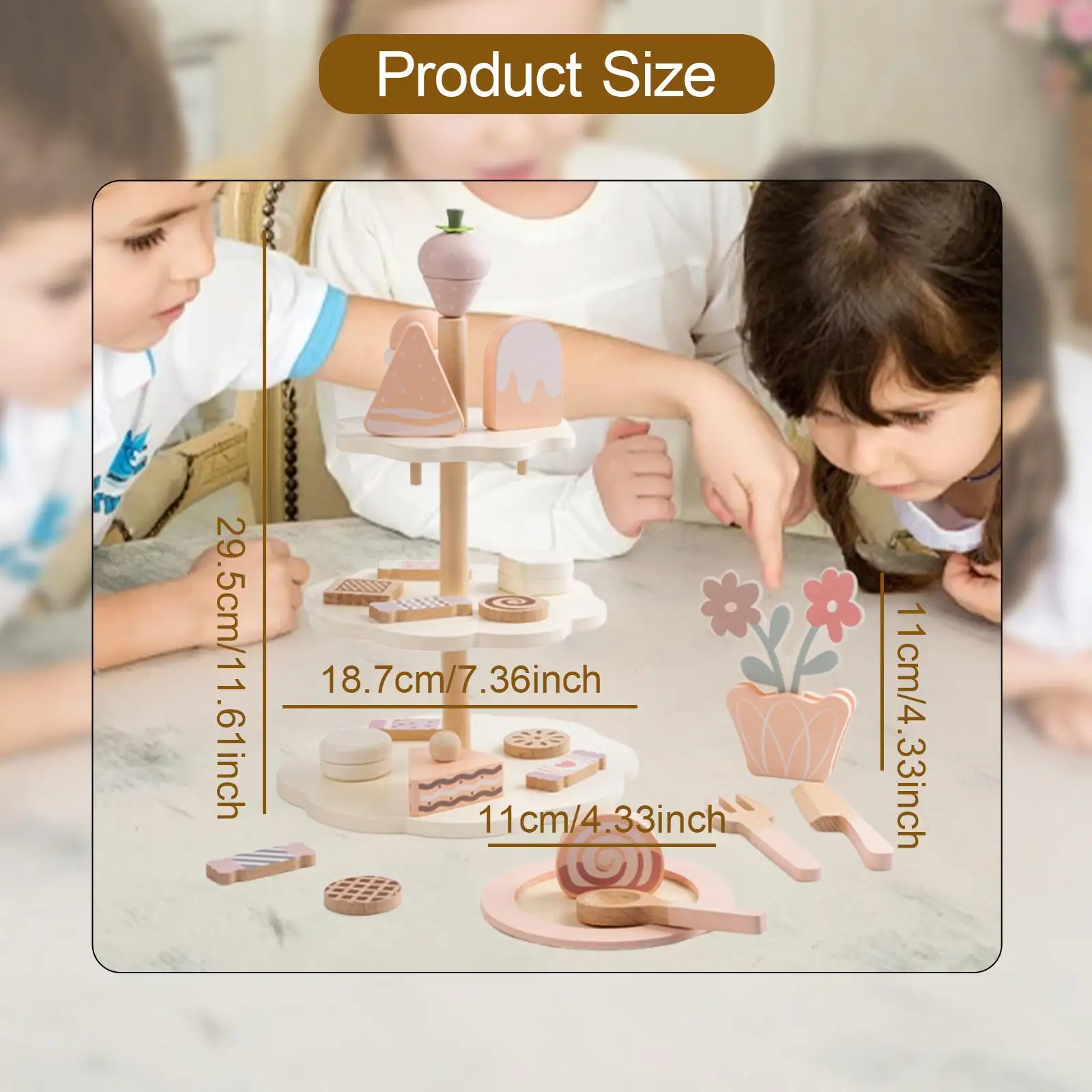 【High Cost-Performance】 Wooden Tea Party Set Interactive Game with Cupcake Stand & Food Dessert Role Playing Kitchen Playset Pretend Play Girls Children.