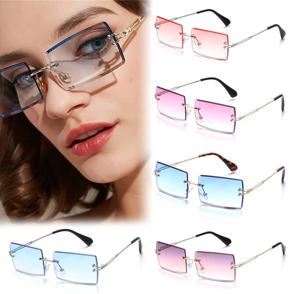 Women Sunglasses Trendy Traveling Style Rimless Gradient Sunglasses Small Rectangle UV400 Shades Men Women