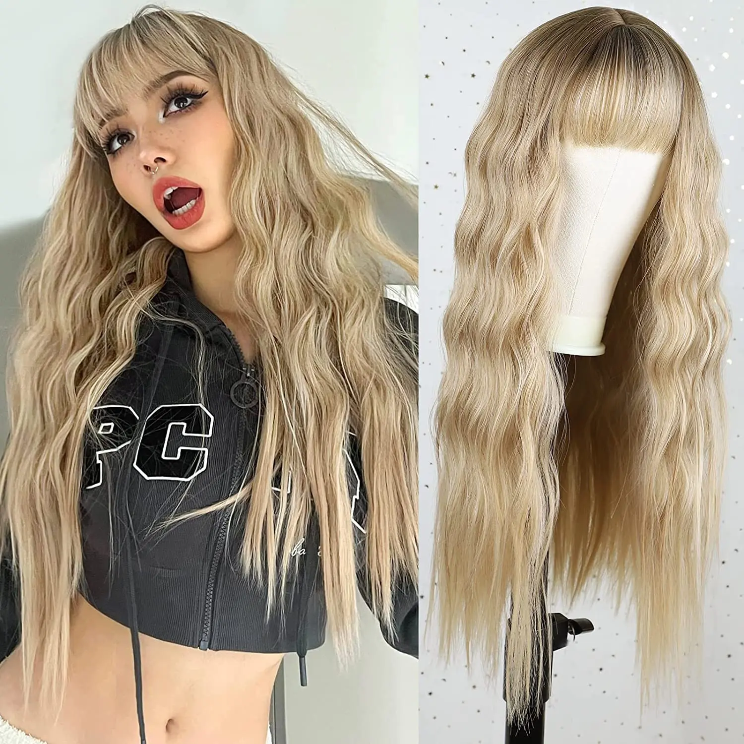 Belle Show Synthetic Curly Wig With Bangs Omber Blonde Deep Wave Hair Wigs Fashion Natural Wigs For African Women Daily Party