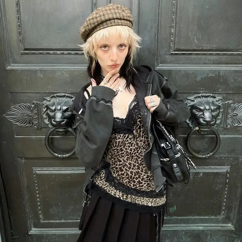 Street Sle  Knot Lace Splice Leopard Print Crop Top Design Sense Hemline Vest WEEKEEP Trendy Women's Faion