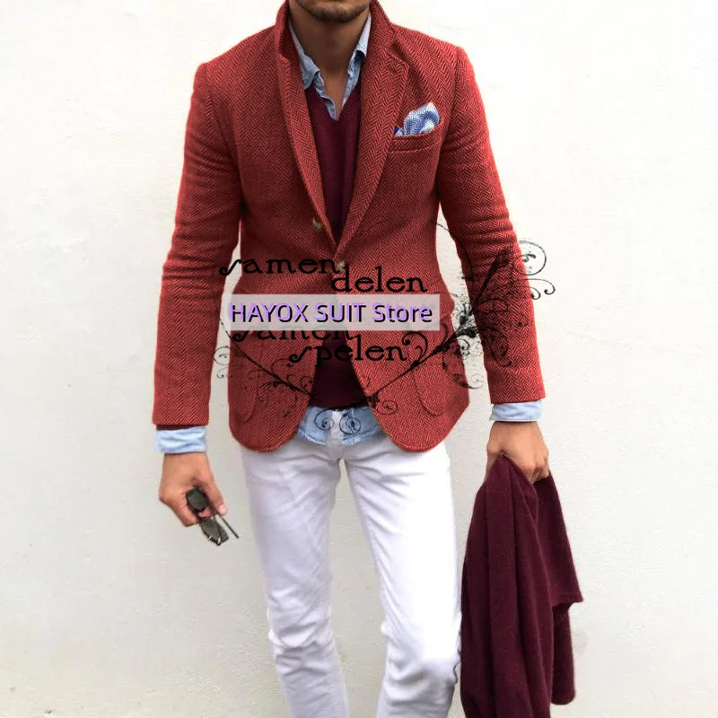 2022 Elegant Fashion Men's Tweed Blazers Set Slim Fit Single Breasted Multiple Pockets Costume Homme Tuxedo 3