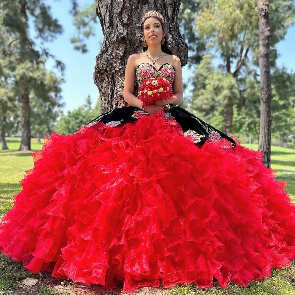 Lorencia Red Ball Gown Quinceanera Dress 3D Flowers Applique Cascading Ruffles Sweet 16 Corset Mexico Vestidos De 15 A&ntilde;os YQD643