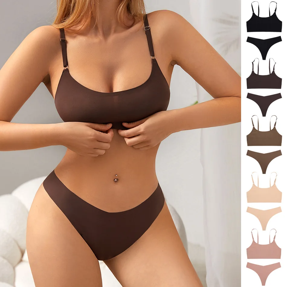 Unterwäsche Sets Nahtlose Bh Sexy G-string Niedrigen Taille Höschen Eis Seide Büstenhalter Einfache Stil Bralette Weibliche Kleidung_voghion.com