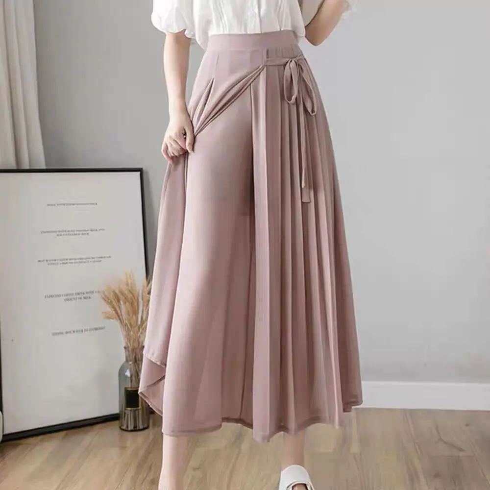 Pleated Chiffon Long Skirts Pants Summer Women Chic Design Culottes Draw String Waist Office Lady Streetwear Business Work Wear