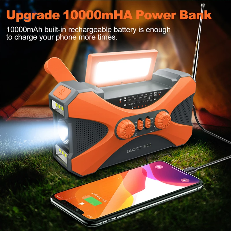 Portable 10000mAh charger High Capacity Emergency Radio Solar Hand Crank LED Flashlight/Reading Light/SOS Alarm Survival Tool 6
