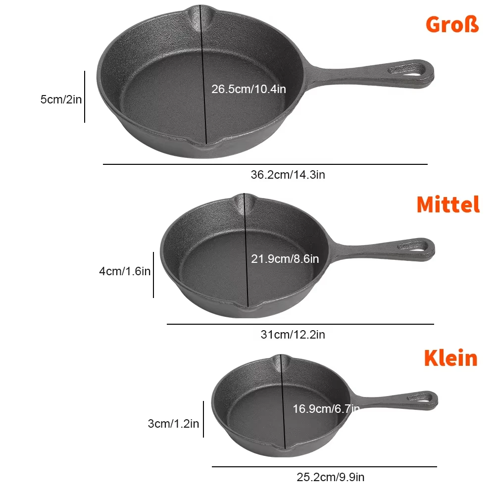 Set di padelle da 16/21/26 cm Set di padelle non rivestite in ghisa da 3 pezzi per friggere alimenti Cottura e friggere Padelle antiaderenti Padella per frittata