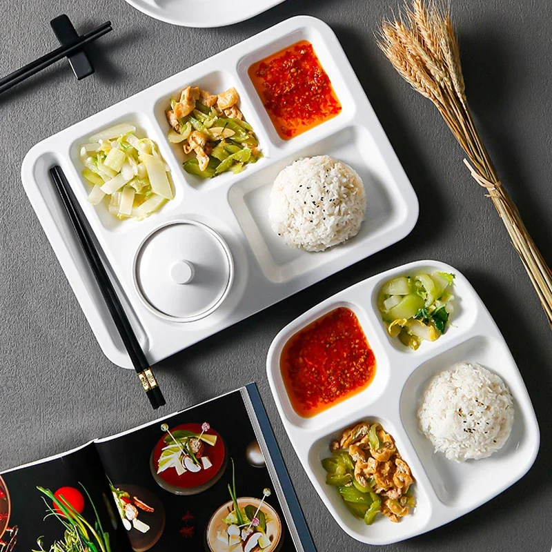 White Melamine Fast Food Plate School Canteen Restaurant Commercial Imitation Porcelain Plastic Multi-part Rice Plate