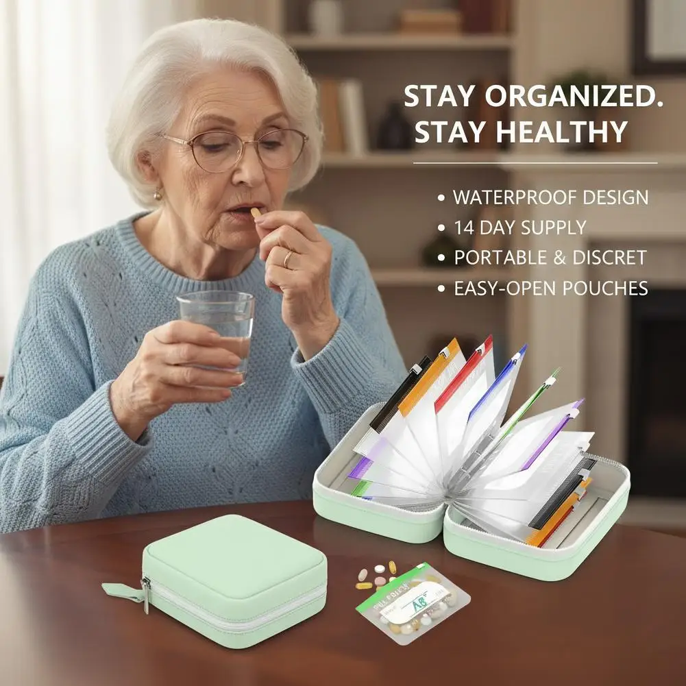 Waterproof Color-Coded Travel Pill Organizer Case with Reusable Pouches – Weekly Medicine Storage System