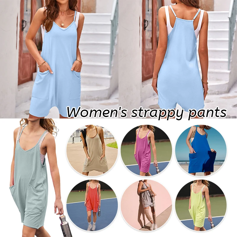Womens Summer Sleeveless Dungarees Rompers Jumpsuit Strappy Loose Preppy Style Pants Casual Pocket Overalls Playsuits