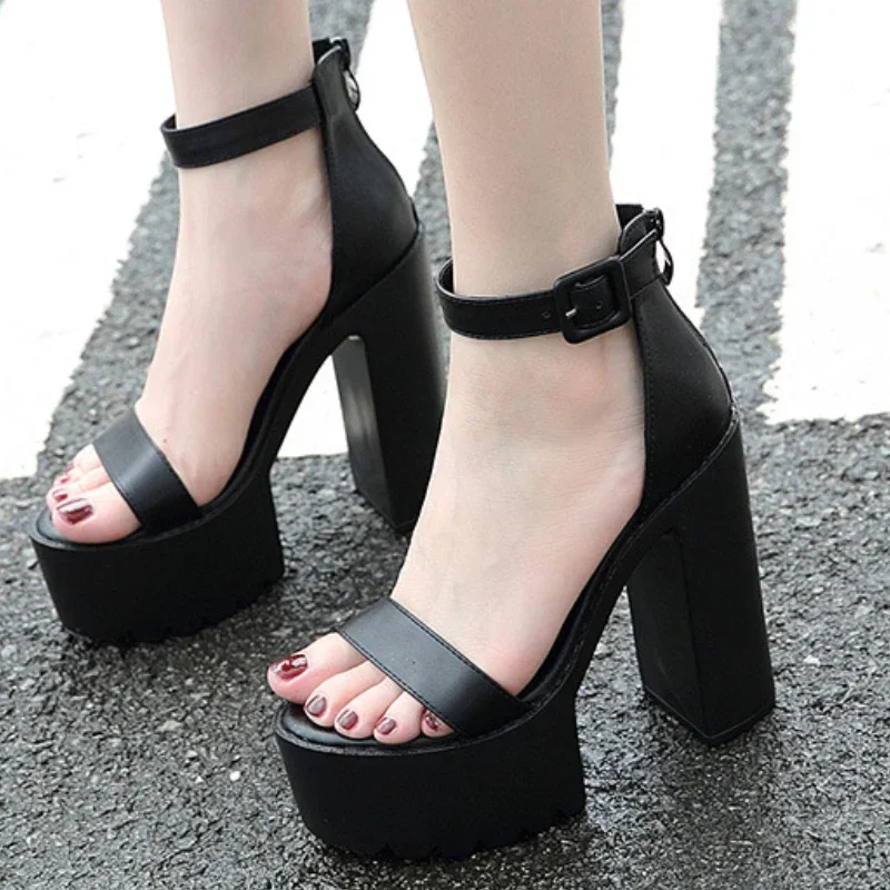 

Platform Super High Heel Shoes Women Buckle Back Zip Open Toe Round Head Solid Color Sandals Party Pumps Zapatos Para Mujer