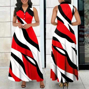 Plants Print Buttoned Sleeveless Maxi Dress Women Long Loose Dress Ankle Length Spring Summer Fashion Casual