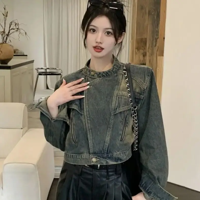 Denim Short Jacket Stand-Up Collar Vintage Streetwear Y2K Denim Jacket Korean Short Coat Women 2024 New Long Sleeve Outwear