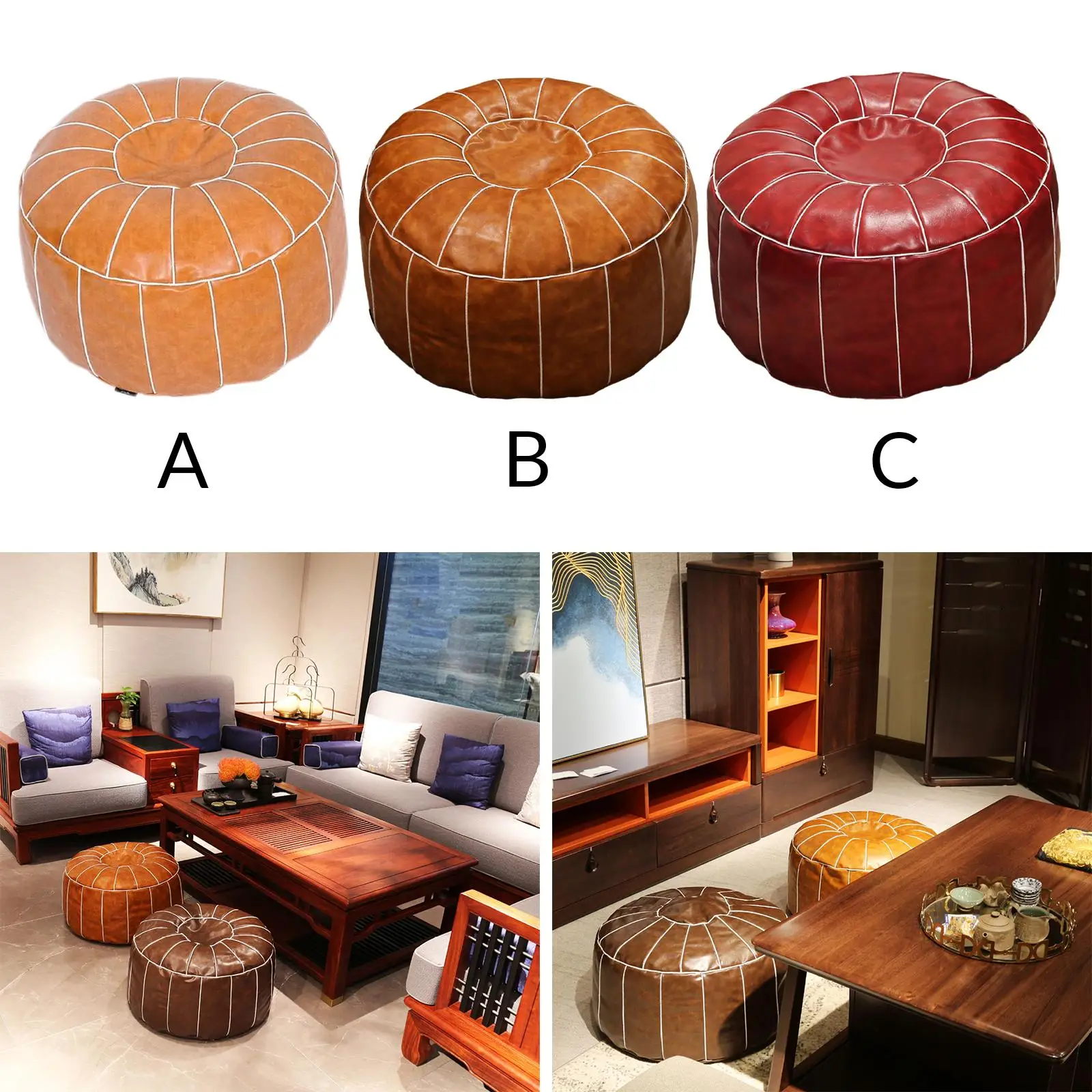 Pouf Cover PU Leather Footstool Ottoman Pouf Unstuffed Round Floor Cushion Footrest Cover for Living Room, Bedroom