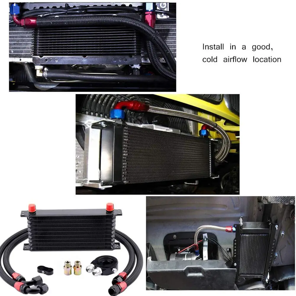 Car Universal 10 Rows AN10 Oil Cooler + Oil Filter Sandwich Adapter + Stainless Steel Braided AN10 Hose for Cooling System Parts oil cooler kit