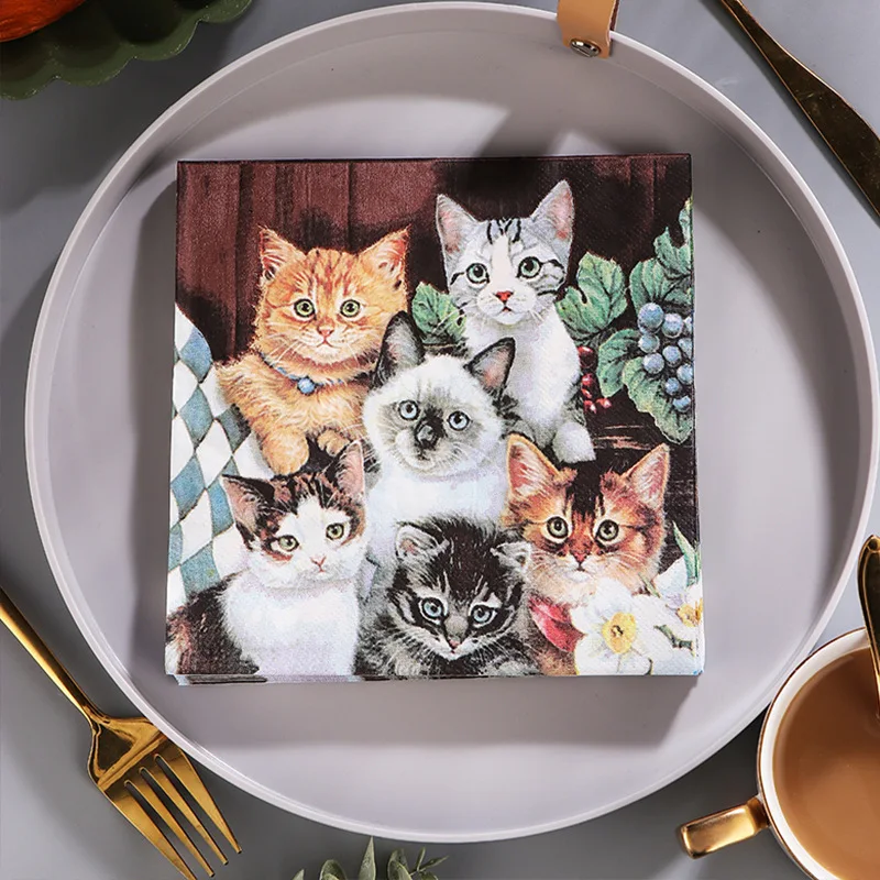 20Pcs/Bag Napkins Paper Cats Decoupage Napkin Paper Tissue for Xmas Wedding Decor Party Table Supplies Wholesale