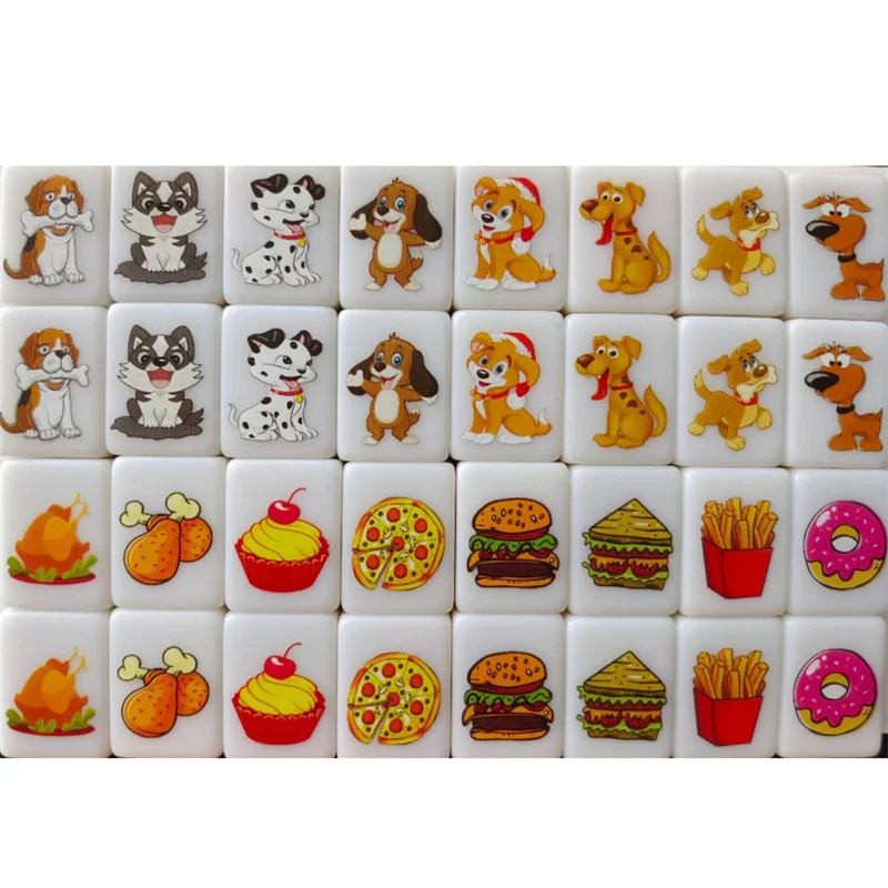 Mahjong Tile Game 64 Pcs Food and Ball Flag Pattern With Animals Single and Double Play Kids Learning Educational