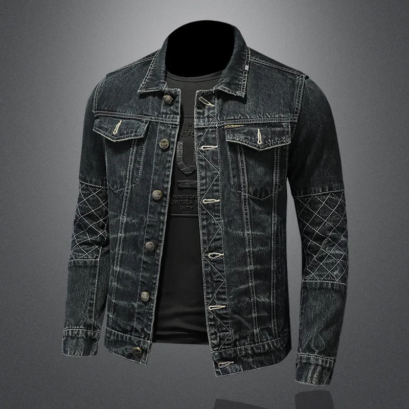Men New Denim Jacket Fashion Casual Four Seasons Retro Washed Single Breasted Grid Pattern Sleeves Street Versatile Jacket