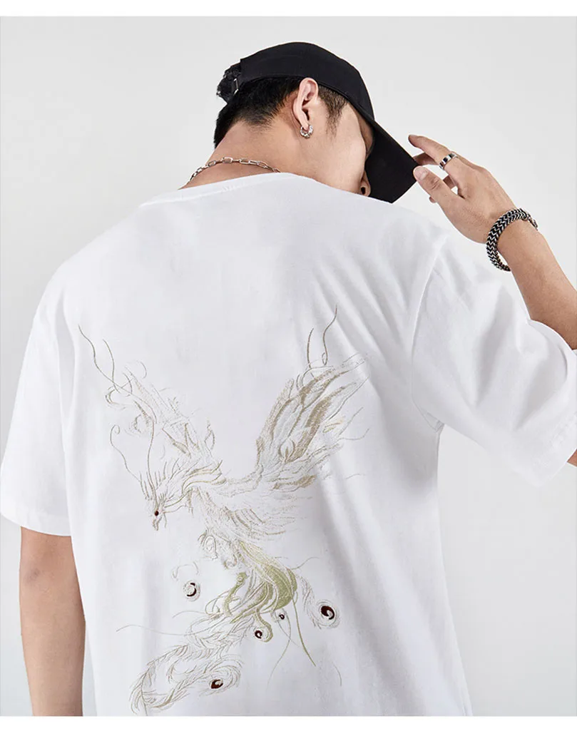 2025 Sommer Baumwoll-Trend Oversize Kurzarm-T-Shirt Herren Nationaler Chinesischer Stil T-Shirt Herren Phönix-Stickerei Top Tee Z1A1 – Detail 9