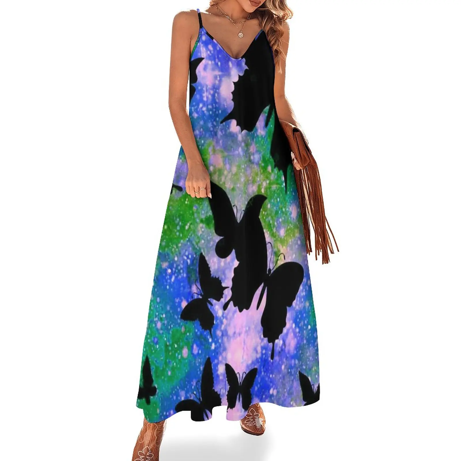 

Women Casual Loose Strap Dress Beach Summer Sexy Boho Maxi Dress Butterfly Starry Sky Print Dresses Robe Femme