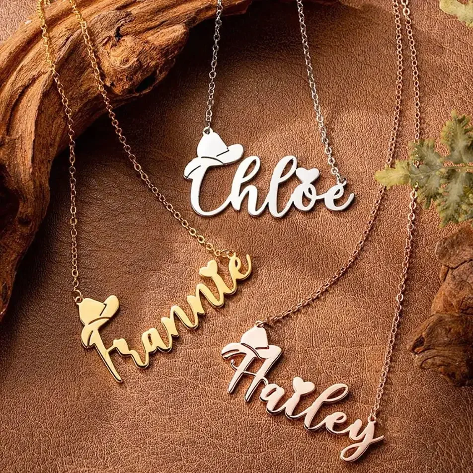 

Stainless Steel Custom Name Necklace with Cowboy Hat Gold Color Personalized Name Letter Necklace Jewelry Gift for Friend/Cowboy
