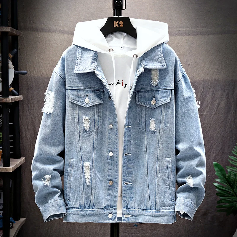 

Men Denim Jackets Casual Solid Lapel Single Breasted Jeans Jacket Men Regular Ripped Hole Cotton Outwear Jackets