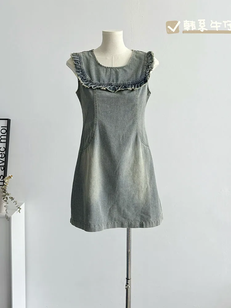 

Женское джинсовое платье с рюшами, синее слитное платье с эффектом потертости, в стиле хип-хоп, для весны и лета