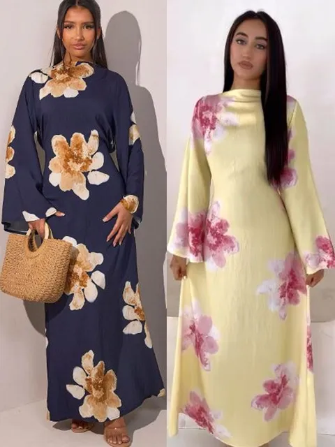 Femmes arabe Eid musulman dubaï Abaya Robe de luxe mode fleur imprimé Robe longue caftan Robe Femme africain Islam vêtements Kebaya 1