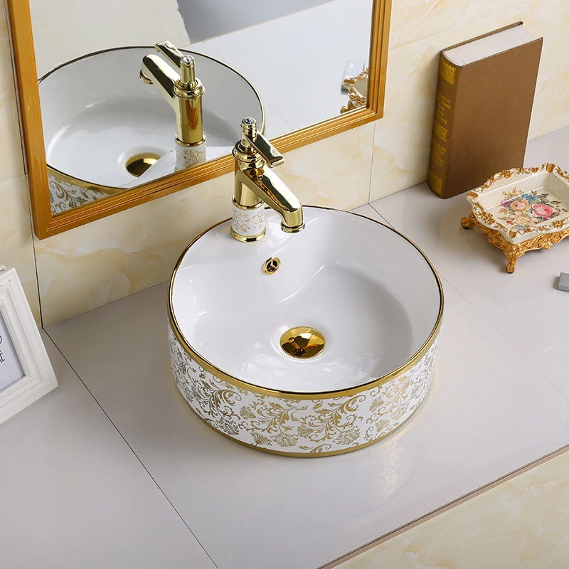

American Golden Ceramic Bathroom Sinks Luxury Home Bathroom Washbasins kitchen Countertop Basin Creative Balcony Washing Sink