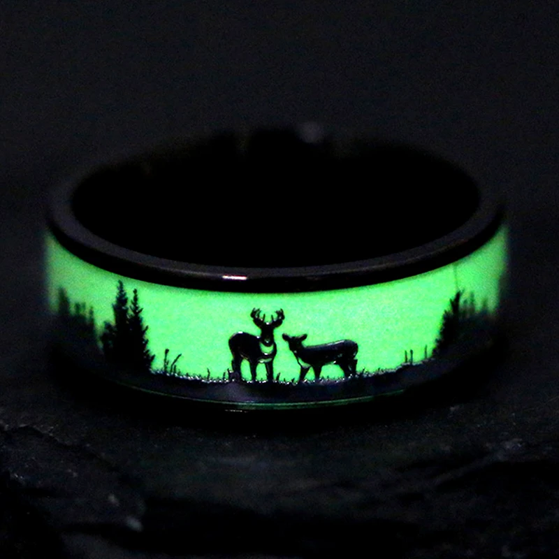 NUOBING Fashion Luminous Black Tungsten Hunting Men's Ring Retro Deer Silhouette Glowing Wedding Ring Engagement Charm Jewelry