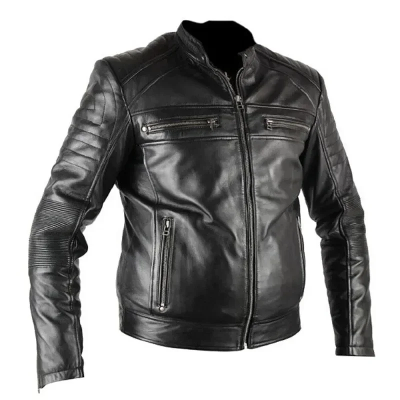 

Men Black Biker Lambskin Genuine Motorcycle Bomber Leather Jacket