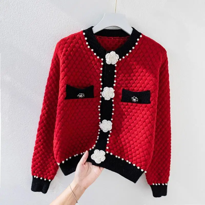 

New Vintage Long Sleeve Knitted Cardigan Women Autumn Winter Jacket Beaded Sweater Korean Fashion Coat Flower Buttons Streetwear