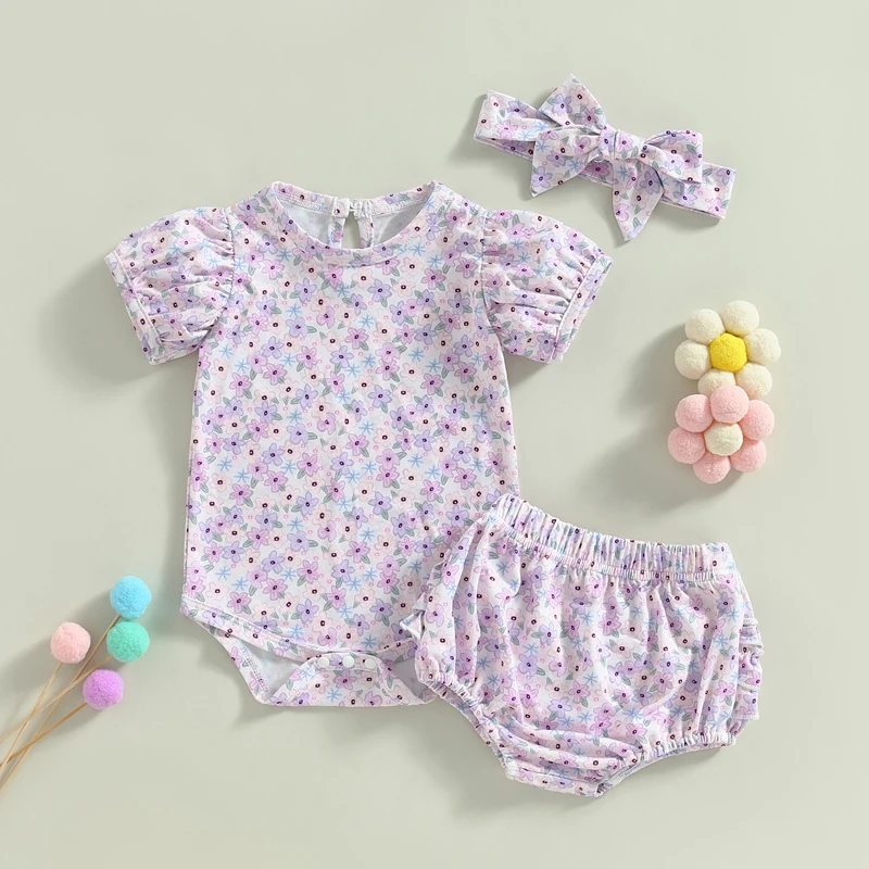 

Baby Girls Summer Clothing Outfit Floral Print Short Puff Sleeve Crew Neck Romper and Elastic Ruffle Shorts Headband 3pcs Set