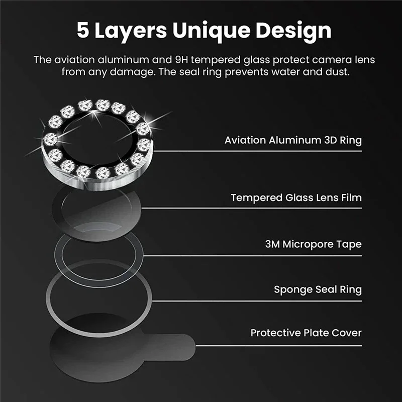 Diamond 9H Tempered Glass Camera Lens Protector with Alloy Ring Cover