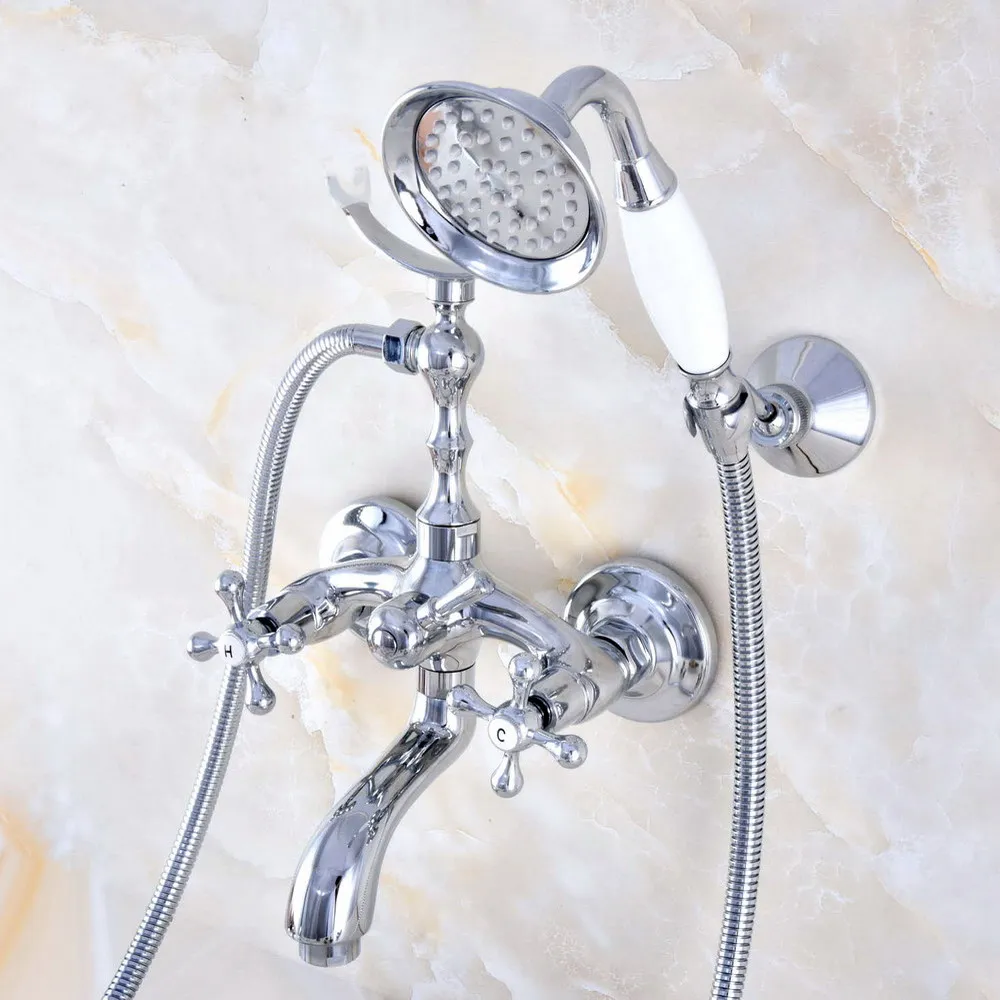 

Polished Chrome Brass Wall Mounted Bathroom Tub Faucet Set WITH/ 1.5M Handheld Shower Spray Head Mixer Tap Dna766