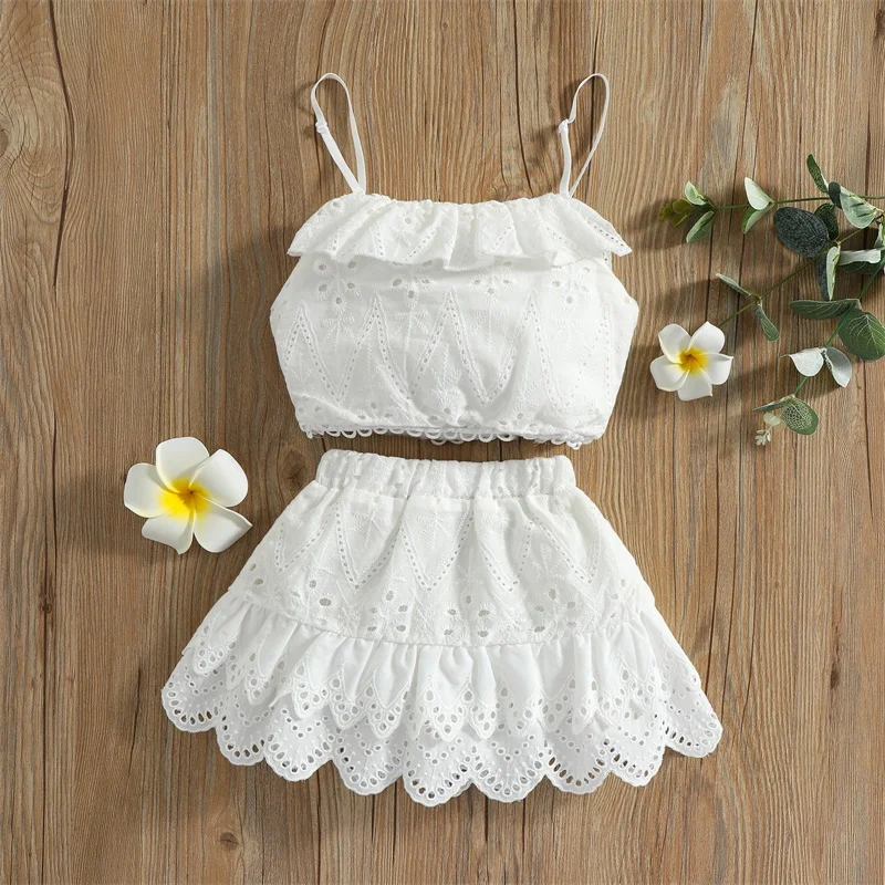 

2pcs Baby Girls Summer Clothes Adjustable Spaghetti Strap Lace Ruffled Camisole Vest Top + High Waist Mini Skirt Sweet Clothing